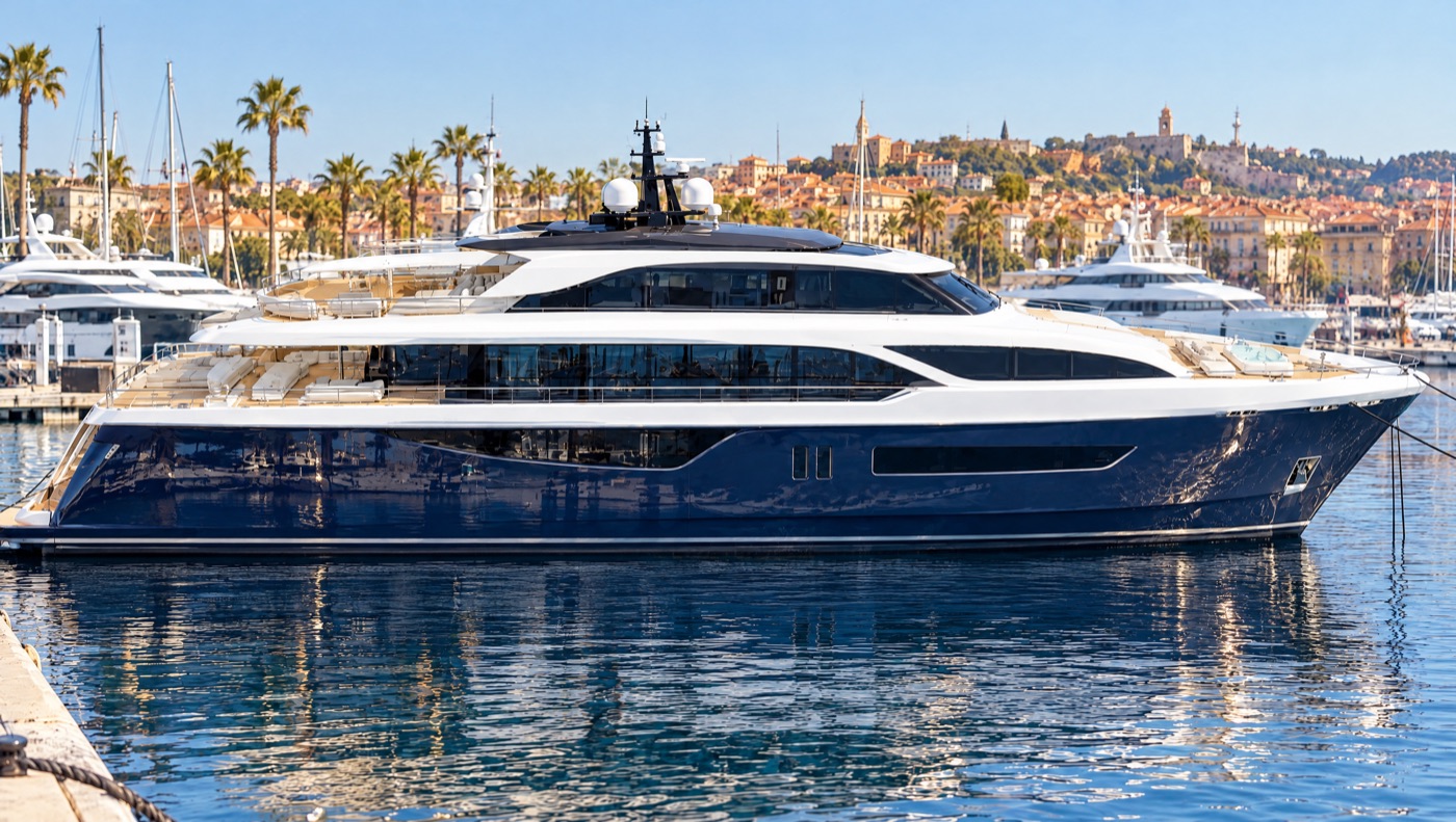 Navy-wrapped superyacht in a Riviera marina